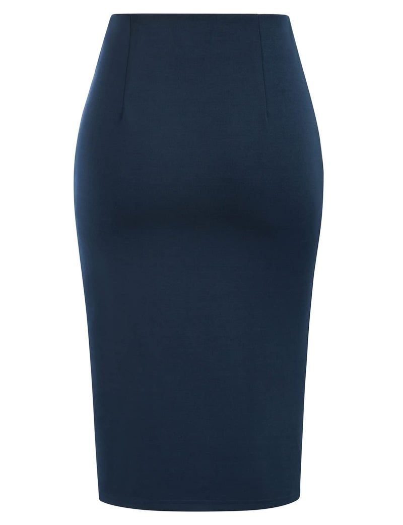 Kate Kasin Women's Elegant Skirt Elastic High Waist Bow Tie Knee Length Stretch Bodycon Pencil Skirts with Slit Navy Medium - Image 2