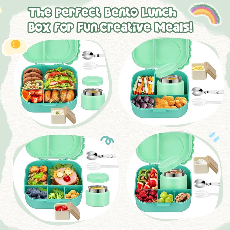 Aimsnk Dinosaur Lunch Box for Kids with Secret Compartment | 4 Compartments Bento Box + 12oz Insulated Food Jar | Leak-Proof Sauce Cup & Collapsible Spoon | BPA-Free, Dishwasher Safe(Green+Green Jar) - Image 5