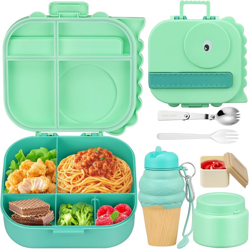 Aimsnk Dinosaur Lunch Box for Kids with Secret Compartment | 4 Compartments Bento Box + 12oz Insulated Food Jar | Leak-Proof Sauce Cup & Collapsible Spoon | BPA-Free, Dishwasher Safe(Green+Green Jar) - Image 1