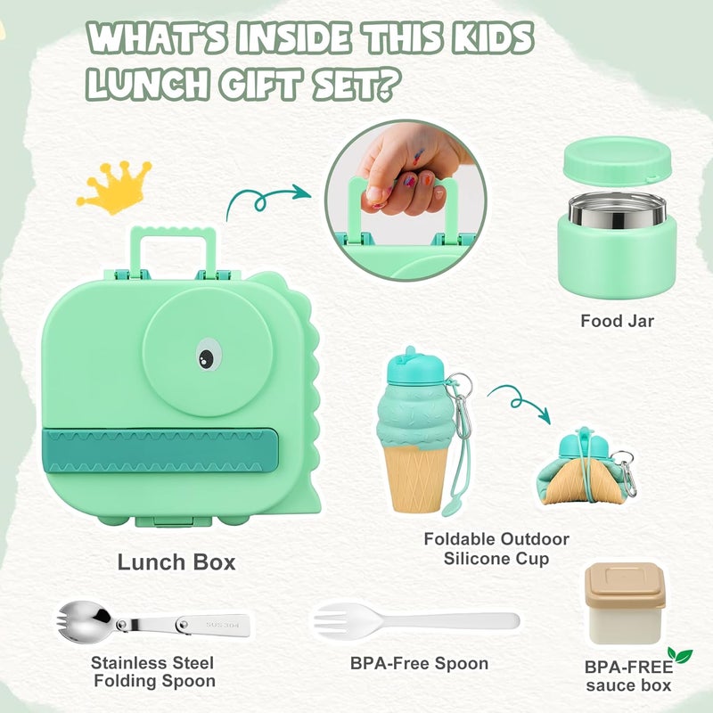 Aimsnk Dinosaur Lunch Box for Kids with Secret Compartment | 4 Compartments Bento Box + 12oz Insulated Food Jar | Leak-Proof Sauce Cup & Collapsible Spoon | BPA-Free, Dishwasher Safe(Green+Green Jar) - Image 4