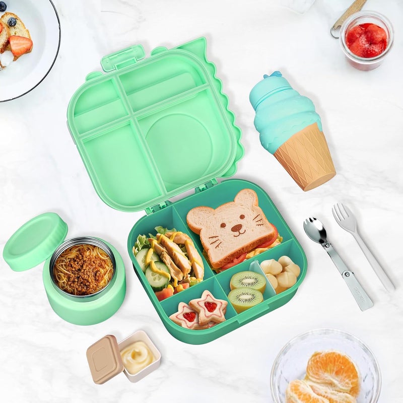 Aimsnk Dinosaur Lunch Box for Kids with Secret Compartment | 4 Compartments Bento Box + 12oz Insulated Food Jar | Leak-Proof Sauce Cup & Collapsible Spoon | BPA-Free, Dishwasher Safe(Green+Green Jar) - Image 3