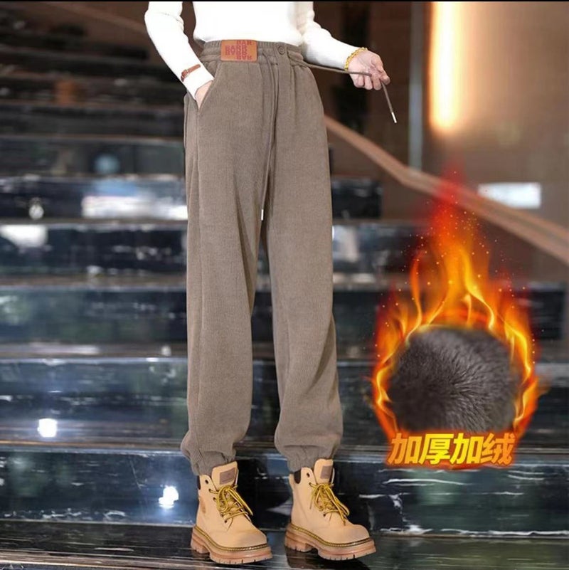 High-Waist Drawstring Joggers [BAR binding feet]-oat color/fleece-lined thickening