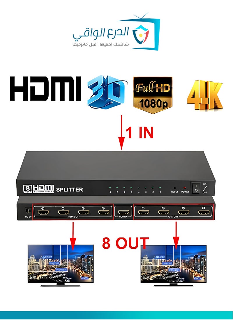 AL DARRA  AL WAQI - HDMI Splitter with 8 Ports – Supports 4K and Full HD 1080p Resolution, High-Quality HDMI Divider for Connecting Four Screens, Durable Design, Easy to Use, and 3D, HDR Technology Support - Image 1