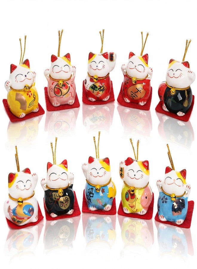 Elsjoy Set of 10 Mini Maneki Neko Lucky Cat, 2 Inch Ceramic Beckoning Cat Statue Japanese Fortune Cat Figurines for Home Decor, Gift - Image 1