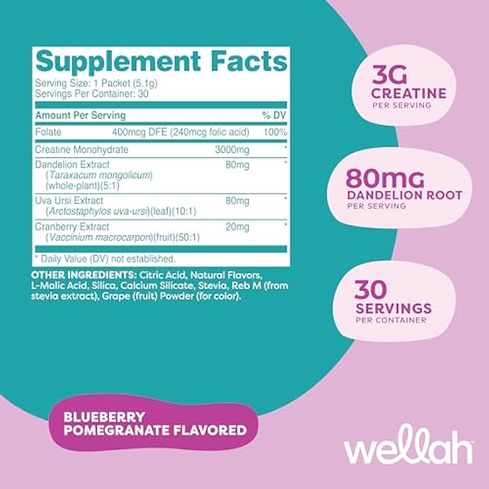 Wellah Pump-It-Up Creatine for Women (Blueberry Pomegranate) 30 Stick Packs - 3g of Creatine Monohydrate with Dandelion, Uva Ursi, & Cranberry Extract, to-Go Packets - Image 2
