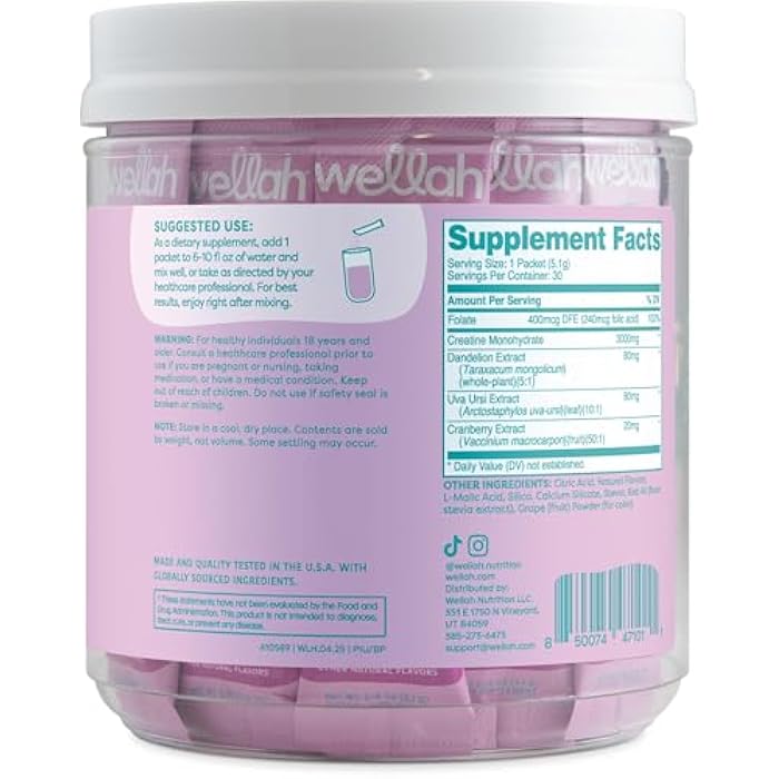 Wellah Pump-It-Up Creatine for Women (Blueberry Pomegranate) 30 Stick Packs - 3g of Creatine Monohydrate with Dandelion, Uva Ursi, & Cranberry Extract, to-Go Packets - Image 3
