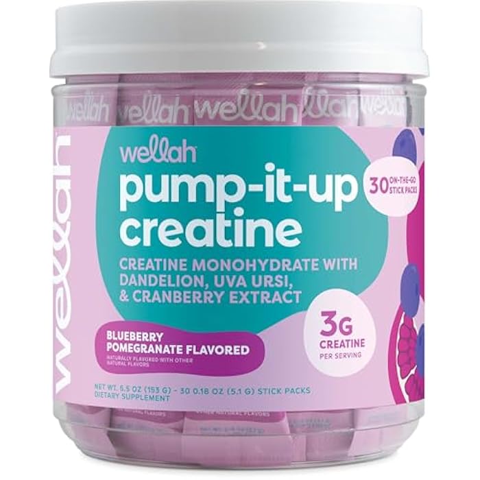 Wellah Pump-It-Up Creatine for Women (Blueberry Pomegranate) 30 Stick Packs - 3g of Creatine Monohydrate with Dandelion, Uva Ursi, & Cranberry Extract, to-Go Packets - Image 1