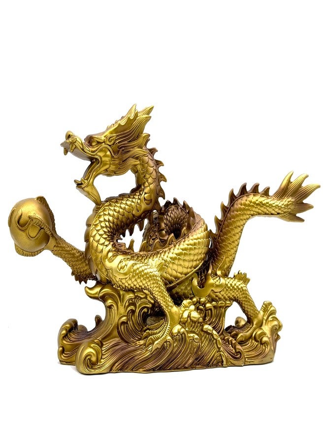 FUNSXBUG تمثال تنين فنغ شوي صيني من FUNSXBUG، مقاس 13.6 بوصة، مصنوع من الراتنج، ديكور فنغ شوي للمنزل والمكتب، زينة للطاولة، هدية لجلب الحظ، ذهبي اللون - Image 3