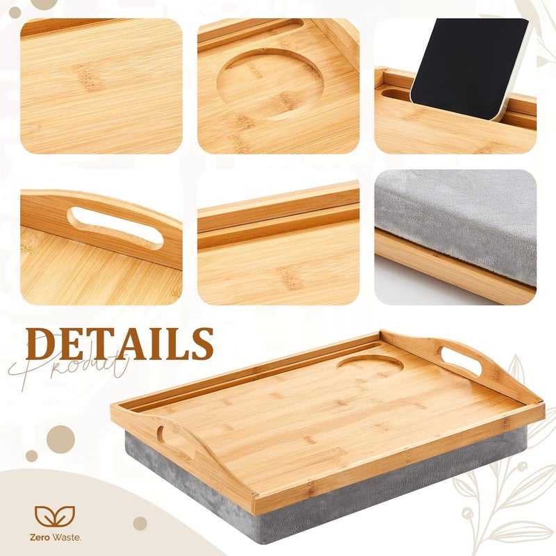 Pickmesh 1 Pcs Bamboo Lap Tray with Detachable Pillow Wood Bed Food Trays with Cushion 16.9 x 13 Inch for Adults Elderly Eating Food Breakfast Dinner (Wood Color) - Image 4