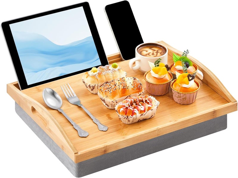 Pickmesh 1 Pcs Bamboo Lap Tray with Detachable Pillow Wood Bed Food Trays with Cushion 16.9 x 13 Inch for Adults Elderly Eating Food Breakfast Dinner (Wood Color) - Image 1