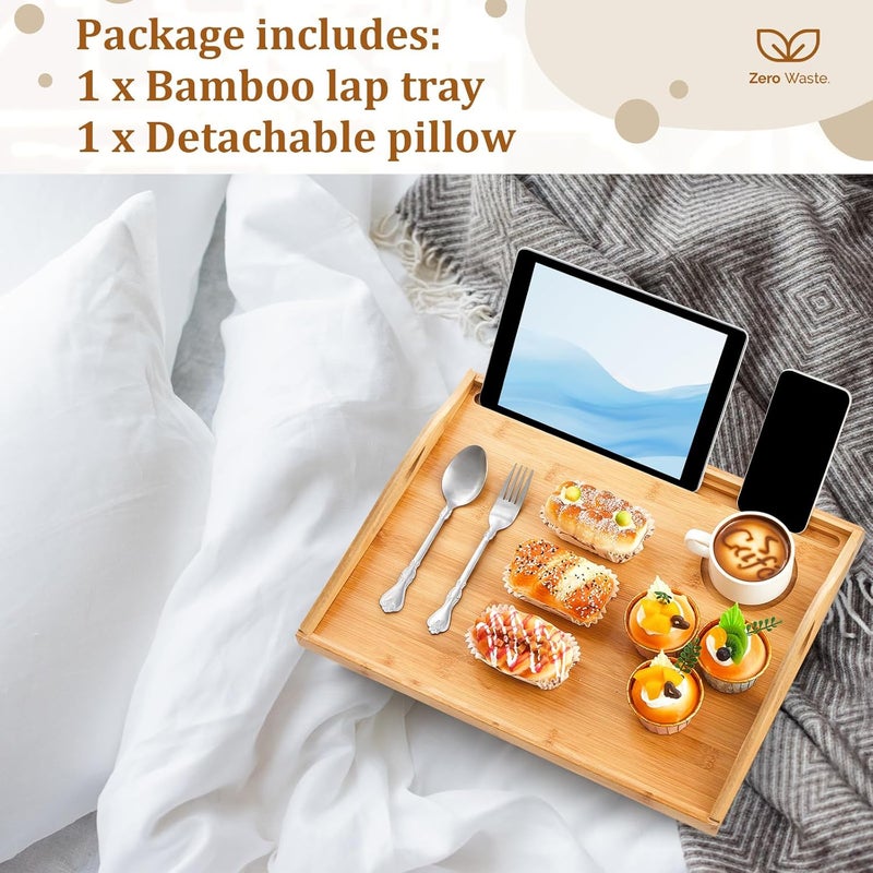Pickmesh 1 Pcs Bamboo Lap Tray with Detachable Pillow Wood Bed Food Trays with Cushion 16.9 x 13 Inch for Adults Elderly Eating Food Breakfast Dinner (Wood Color) - Image 3