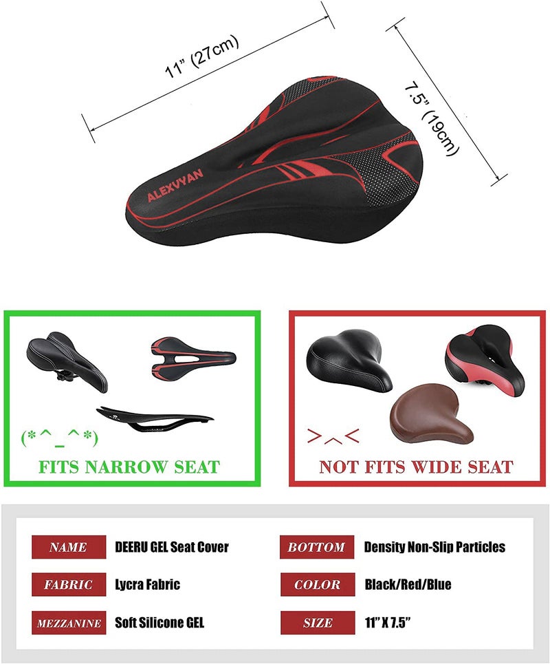 Alexvyan Soft Bicycle Silicone Gel Saddle Cover (11 * 7.5 Inch) Cycling Cushion Pad City Cycle Seat Cover Gym Cycle Gel Cover -Fits Narrow/Slim Seats (Black and Red) - Image 3