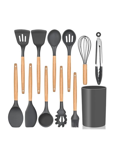 Kitchen Utensils Set of 12, E-far Silicone Cooking Utensils with Holder, Non-stick Cookware Friendly & Heat Resistant, Includes Spatula Tong Whisk Ladle Brush Slotted Turner Spoon(