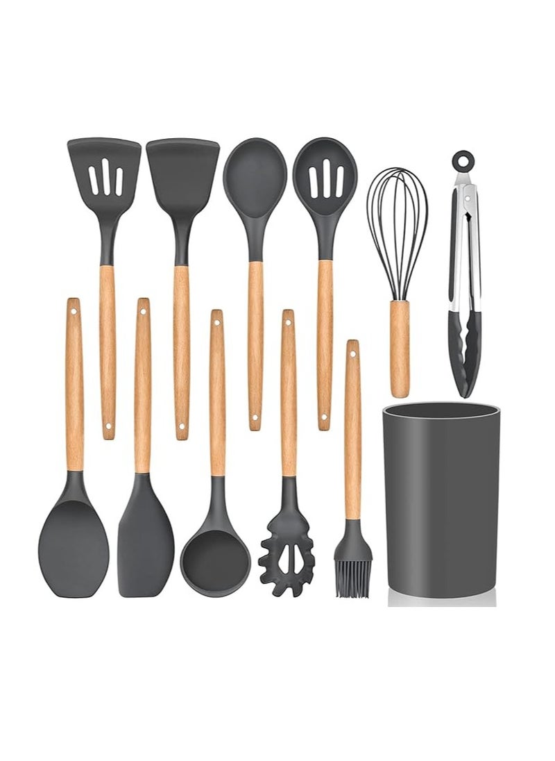 E-far Kitchen Utensils Set of 12, E-far Silicone Cooking Utensils with Holder, Non-stick Cookware Friendly & Heat Resistant, Includes Spatula Tong Whisk Ladle Brush Slotted Turner Spoon(  - Image 1