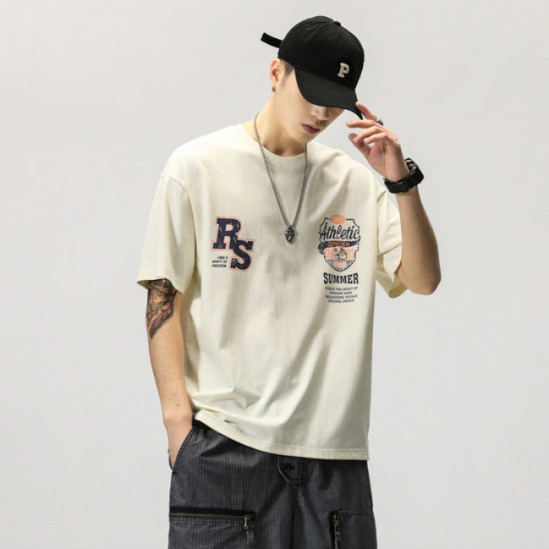 2024 Summer American Style Trendy Brand T-Shirt Combed Cotton Loose Printed Short Sleeve Top Men'S Casual Wash Water Crewneck T-Shirt - Image 1