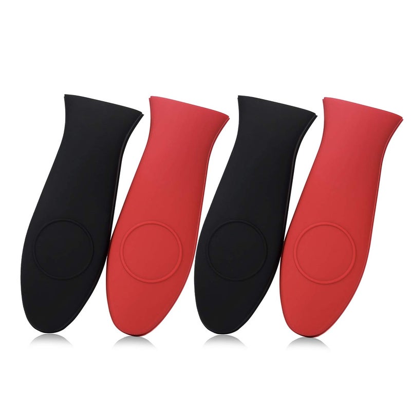 SKEMIX 4 Packs Silicone Hot Handle Holder Kitchen Heat Resistant Fry Pan Milk Pot Sleeve Grip Handle Cover Potholder for Cast Iron Skillets Griddles Metal & Aluminum Cookware – Black & Red - Image 1