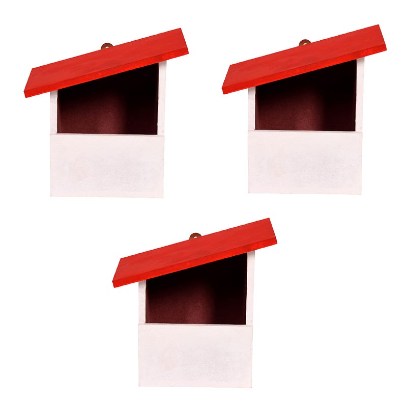 Cket Bird House for Sparrow, Hummingbird, Kingfisher Bird Nest for Balcony Made with Water Resistant Wooden with Hanging and Wall Patch (Wooden-Red) (Pack of 3) - Image 1