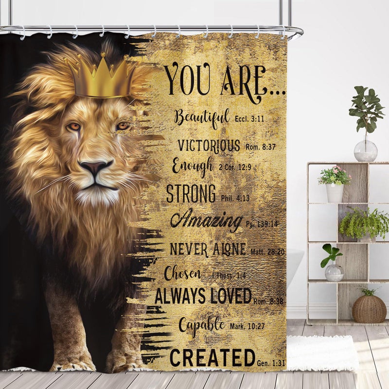 Kalmico Lion Man Shower Curtain 60Wx72L Inch Motivational Inspirational Quotes Positive Bible Animal Black Gold Masculine Bathroom Set Accessories Decor Polyester Waterproof with 12 Pack Hooks - Image 4