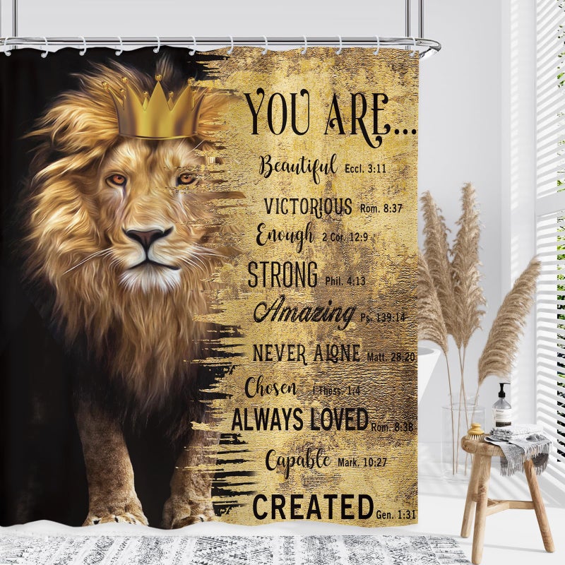 Kalmico Lion Man Shower Curtain 60Wx72L Inch Motivational Inspirational Quotes Positive Bible Animal Black Gold Masculine Bathroom Set Accessories Decor Polyester Waterproof with 12 Pack Hooks - Image 1