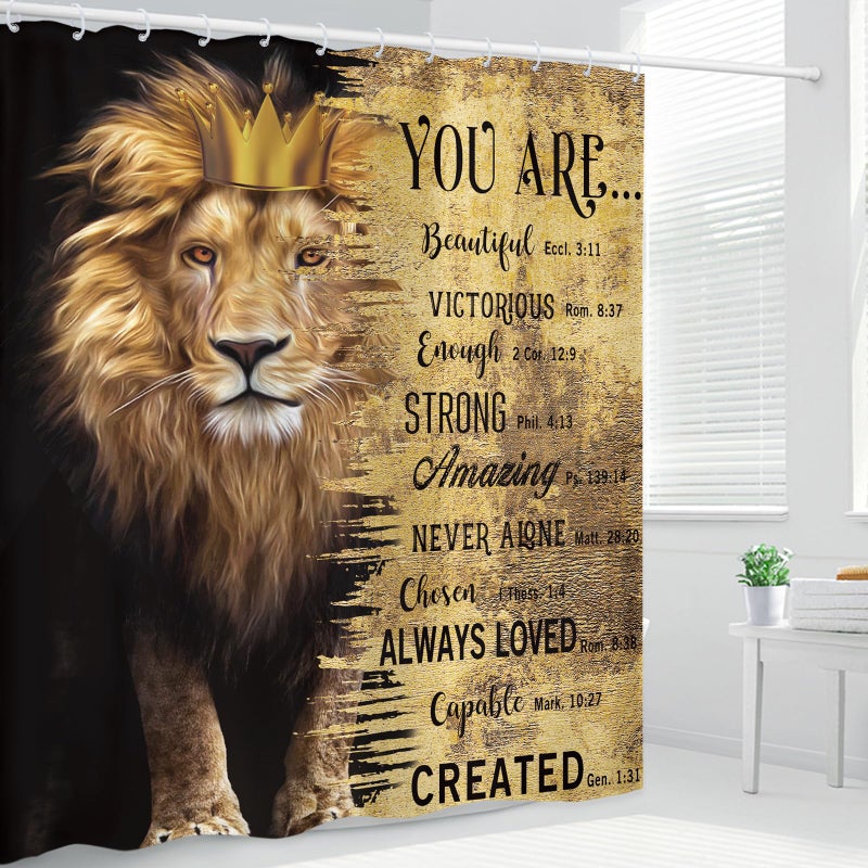 Kalmico Lion Man Shower Curtain 60Wx72L Inch Motivational Inspirational Quotes Positive Bible Animal Black Gold Masculine Bathroom Set Accessories Decor Polyester Waterproof with 12 Pack Hooks - Image 2