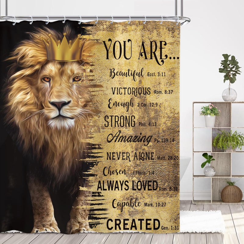 Kalmico Lion Man Shower Curtain 60Wx72L Inch Motivational Inspirational Quotes Positive Bible Animal Black Gold Masculine Bathroom Set Accessories Decor Polyester Waterproof with 12 Pack Hooks - Image 5