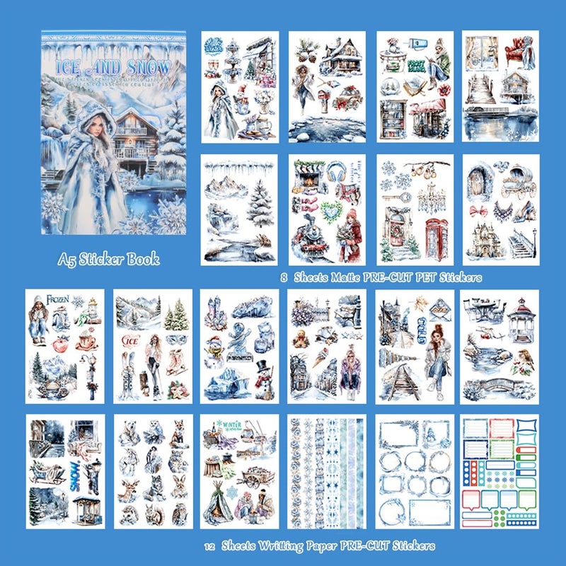 Dwpetzo Ice and Snow Winter Scrapbook Stickers for Scrapbooking Supplies, 20 Sheets A5 Washi Paper Transparent PET Die Cut Stickers Book for Journaling, Junk Journal, Collage, Adults Crafts Arts - Image 2
