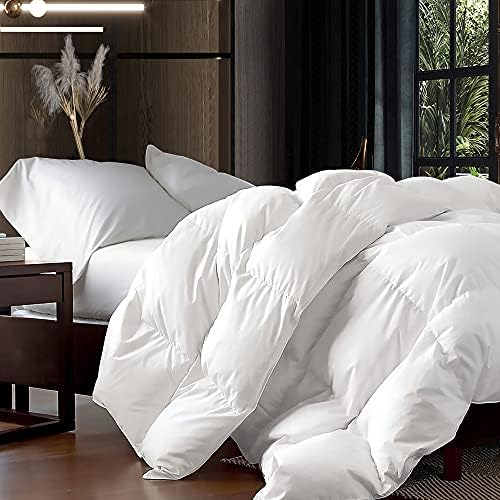 Egyptian Bedding Luxurious Queen Size Goose Down Fiber Waterfowl Feather Fiber Comforter Duvet 100 Egyptian Cotton Cover 48 oz Fill Weight Baffle Box Design White Solid 