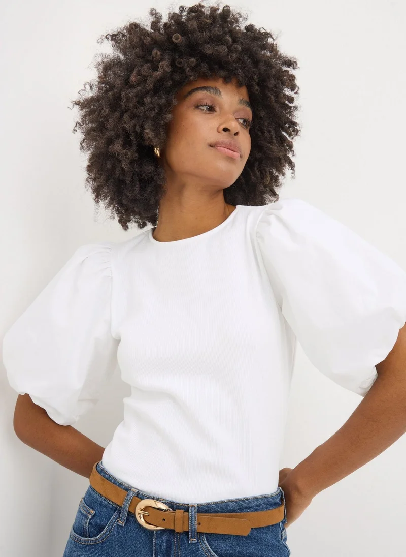 Matalan White Puff Sleeve Ribbed Top
