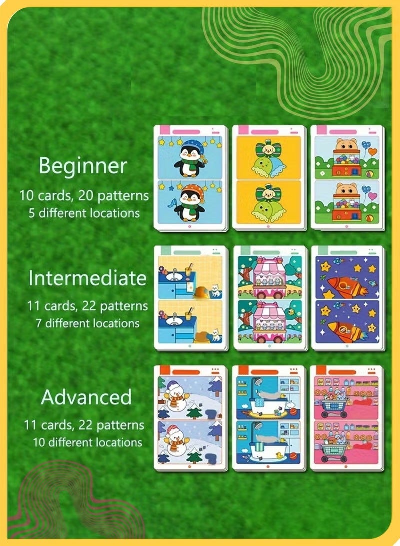 Educational Memory Matching and Spot the Difference Game Cards ,64 Pages Brain Training Travel Activity Book with 3 Levels, 2 Whiteboard Markers and 1 Eraser Board for Kids - Image 4