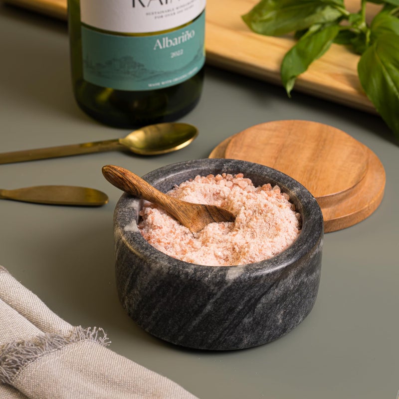 Cork & Mill Grey Marble Salt Cellar with Acacia Wood Lid and Spoon - Elegant Modern Salt Container for Countertop - Handcrafted Pepper Pot - Wide 4â€ Pepper Holder with Non-Skid Feet - Image 4
