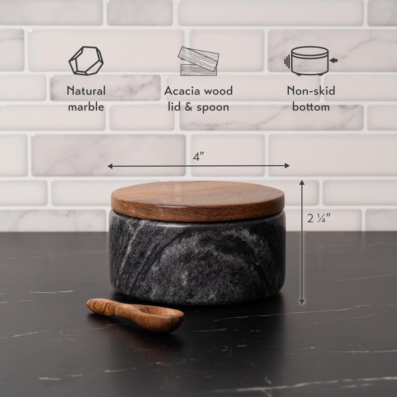 Cork & Mill Grey Marble Salt Cellar with Acacia Wood Lid and Spoon - Elegant Modern Salt Container for Countertop - Handcrafted Pepper Pot - Wide 4â€ Pepper Holder with Non-Skid Feet - Image 3