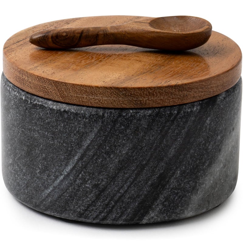 Cork & Mill Grey Marble Salt Cellar with Acacia Wood Lid and Spoon - Elegant Modern Salt Container for Countertop - Handcrafted Pepper Pot - Wide 4â€ Pepper Holder with Non-Skid Feet - Image 1