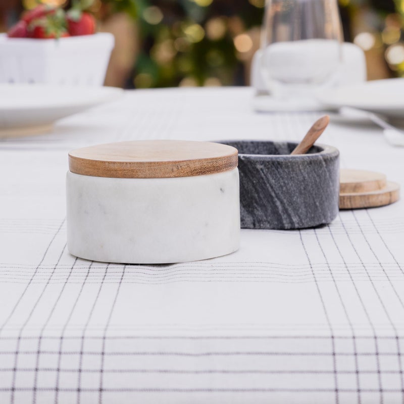 Cork & Mill Grey Marble Salt Cellar with Acacia Wood Lid and Spoon - Elegant Modern Salt Container for Countertop - Handcrafted Pepper Pot - Wide 4â€ Pepper Holder with Non-Skid Feet - Image 5