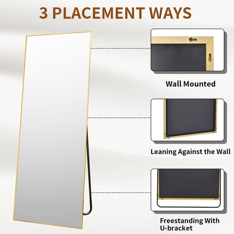 VooBang Mirror Full Length - 21" x 57" Floor Mirror with Stand, Aluminum Alloy Frame Full Body Mirror, Standing Hanging or Leaning Against Wall for Bedroom and Living Room, Gold - Image 5