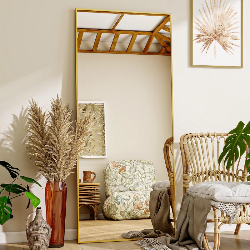VooBang Mirror Full Length - 21" x 57" Floor Mirror with Stand, Aluminum Alloy Frame Full Body Mirror, Standing Hanging or Leaning Against Wall for Bedroom and Living Room, Gold - Image 1