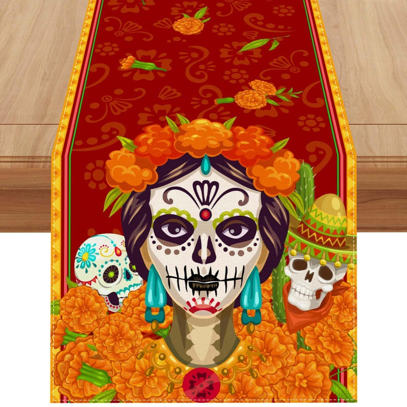 Jiudungs Linen Dia De Los Muertos Table Runner 72 Inches Long Day of The Dead Tablecloth Mexican Fiesta Themed Party Decorations and Supplies for Home Kitchen Dining Room Table