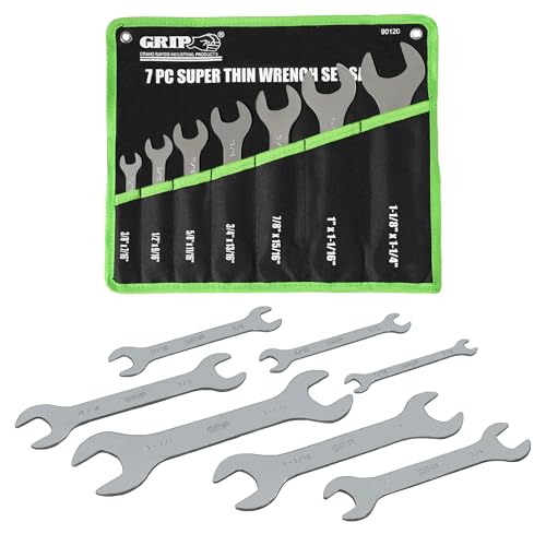 Grip 7 pc Super Thin Open End Wrench Set - 1/8" Thickness - Sizes: 3/8" x 7/16", 1/2" x 9/16", 5/8" x 11/16", 3/4" x 13/16", 7/8" x 15/16", 1" x 1-1/16", 1-1/8" x 1-1/4" - Roll Up Storage Pouch - Image 1