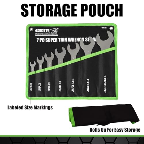 Grip 7 pc Super Thin Open End Wrench Set - 1/8" Thickness - Sizes: 3/8" x 7/16", 1/2" x 9/16", 5/8" x 11/16", 3/4" x 13/16", 7/8" x 15/16", 1" x 1-1/16", 1-1/8" x 1-1/4" - Roll Up Storage Pouch - Image 4