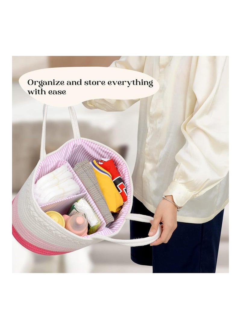 luxury little Large Cotton Rope Nursery Diaper Basket Changing Table Organizer Portable Tote Bag With Divider Car Storage  - Image 3