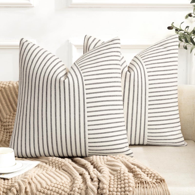 YCOLL Farmhouse Pillow Covers 26x26 Modern Accent Square Throw Pillow Covers Set of 2 Black and Beige Striped Patchwork Linen Decorative Pillows Cushion Covers for Couch Chair Bedroom Home Decor