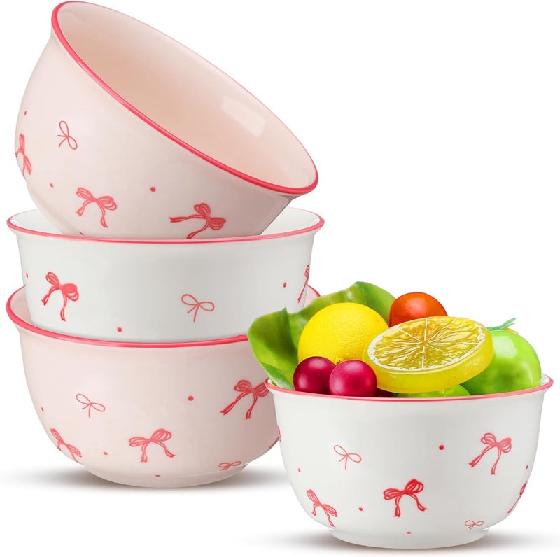 Maxdot 4 Pcs 10oz Pink Bow Ceramic Bowls Set Coquette Cute Soup Bowl Preppy Dessert Pudding Fruit Salad Decorations for Kitchen Decoration Pink White Bowl - Image 1