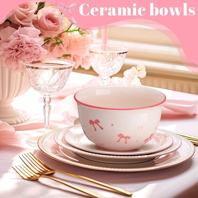 Maxdot 4 Pcs 10oz Pink Bow Ceramic Bowls Set Coquette Cute Soup Bowl Preppy Dessert Pudding Fruit Salad Decorations for Kitchen Decoration Pink White Bowl - Image 4