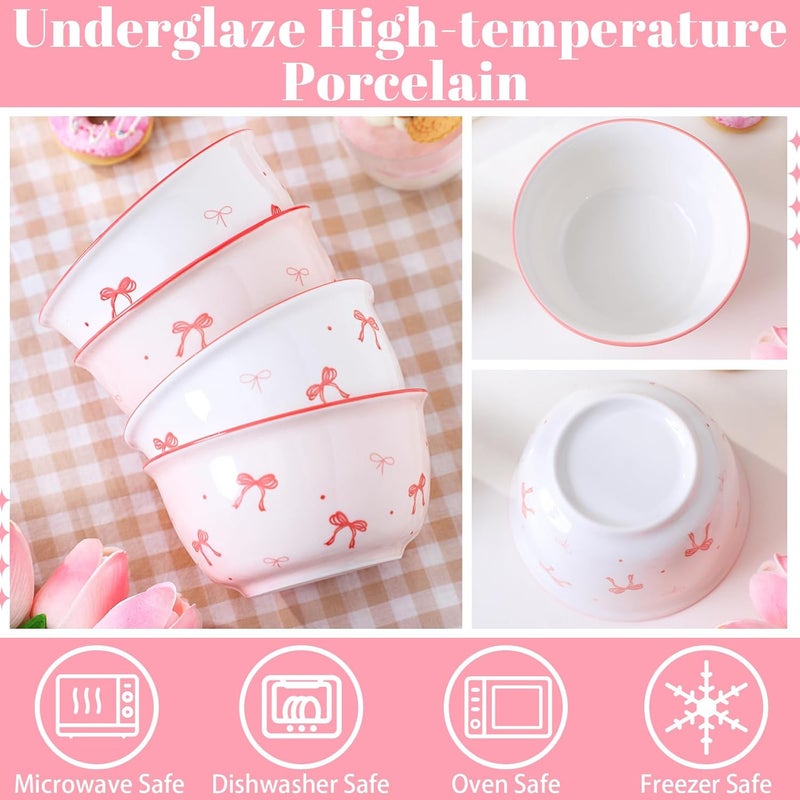 Maxdot 4 Pcs 10oz Pink Bow Ceramic Bowls Set Coquette Cute Soup Bowl Preppy Dessert Pudding Fruit Salad Decorations for Kitchen Decoration Pink White Bowl - Image 3
