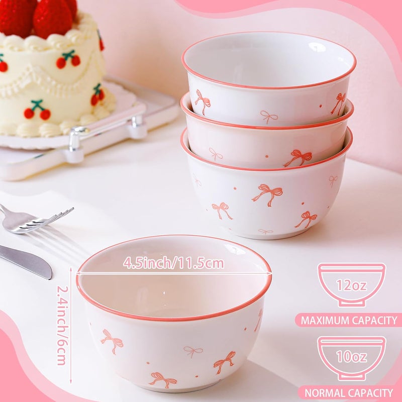 Maxdot 4 Pcs 10oz Pink Bow Ceramic Bowls Set Coquette Cute Soup Bowl Preppy Dessert Pudding Fruit Salad Decorations for Kitchen Decoration Pink White Bowl - Image 2