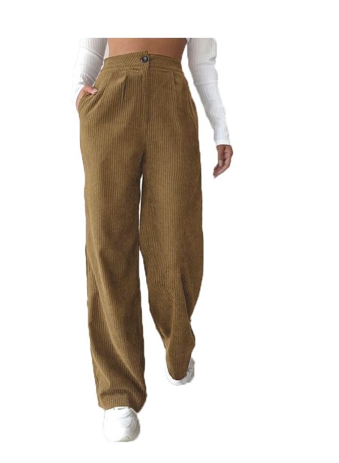Loquat Women's Fashion New Solid Color Casual Corduroy High Waist Straight Pants 