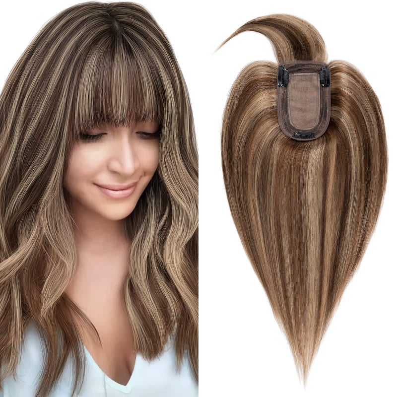 SEGO Hair Toppers for Women Real Human Hair with Thinning Hair Toppers Hair Pieces Clip in Toppers Straight Hair Pieces with Front Bangs 10 Inch 427 Medium Brown Mix Dark Blonde