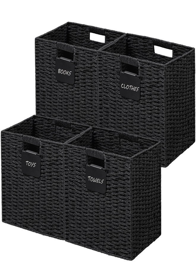UBBCARE 4 Pack Wicker Basket, 10.5×10.5 Storage Cubes with Label, Foldable Cube Storage Bin with Handle, Square Storage Basket for Shelves, Woven Paper Rope Basket for Organizing, Black - Image 1