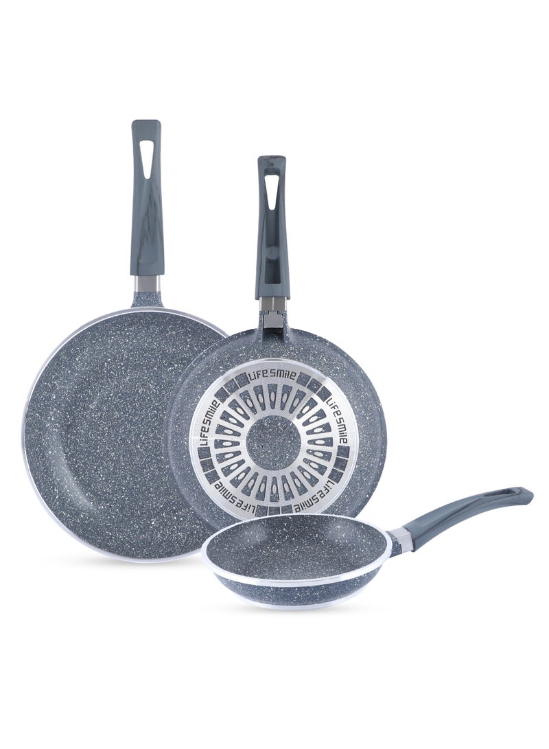 Life Smile طقم مقالي لايف سمايل غير لاصقة من الجرانيت – 20 سم، 24 سم، 28 سم | طلاء غير لاصق متعدد الطبقات، قاعدة موفرة للطاقة، مقبض مريح، أواني طهي خالية من PFOA - Image 1