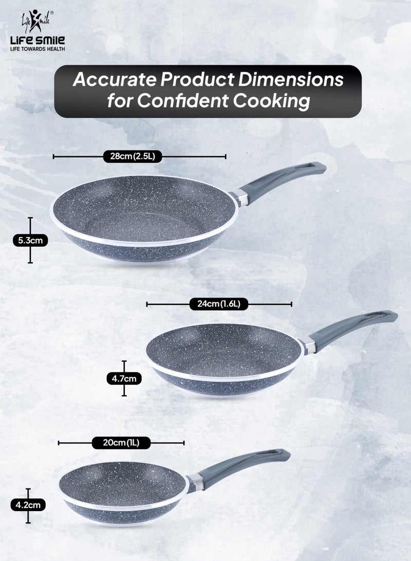 Life Smile طقم مقالي لايف سمايل غير لاصقة من الجرانيت – 20 سم، 24 سم، 28 سم | طلاء غير لاصق متعدد الطبقات، قاعدة موفرة للطاقة، مقبض مريح، أواني طهي خالية من PFOA - Image 3