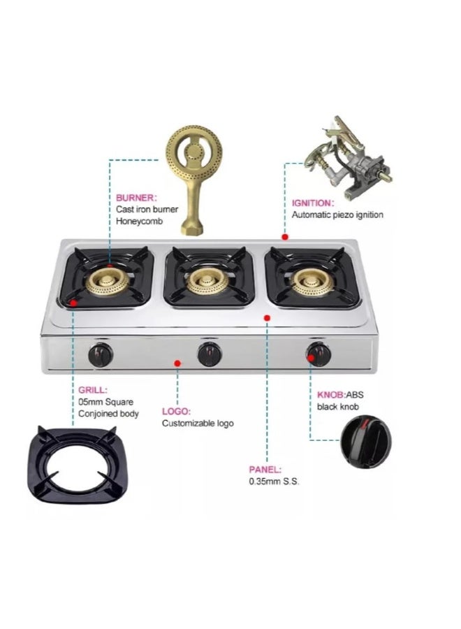 3-Burner Stainless Steel Gas Stove – Automatic Piezo Ignition, High-Efficiency Brass Burners, Rust-Resistant Design, Easy to Clean – Ideal for Home & Commercial Use - Image 4